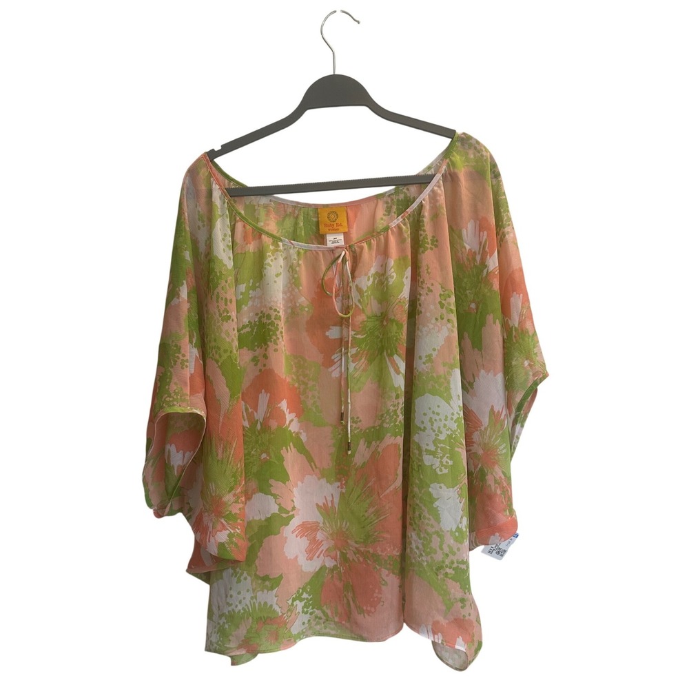 Ruby Rd Woman 3X Floral Chiffon Poncho Blouse Peach Green Sheer Tie Neck Top